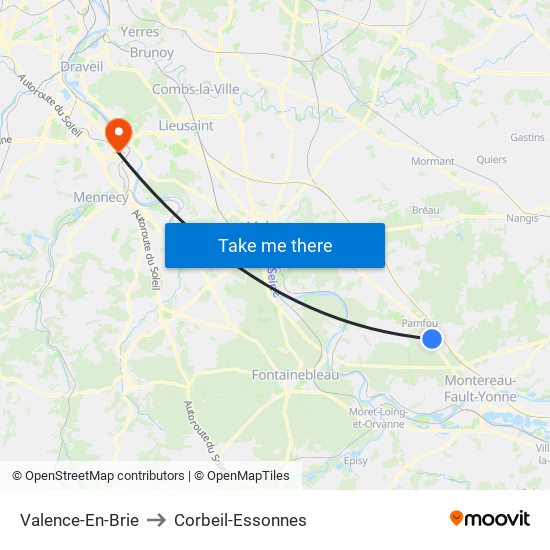 Valence-En-Brie to Corbeil-Essonnes map