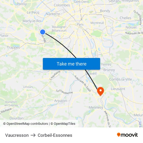 Vaucresson to Corbeil-Essonnes map