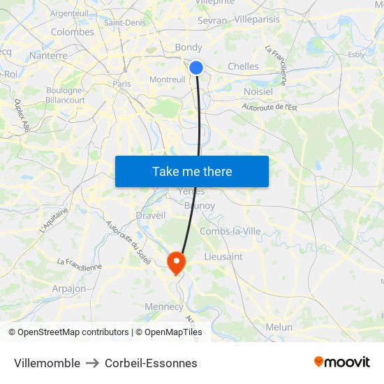 Villemomble to Corbeil-Essonnes map