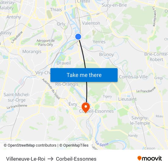 Villeneuve-Le-Roi to Corbeil-Essonnes map