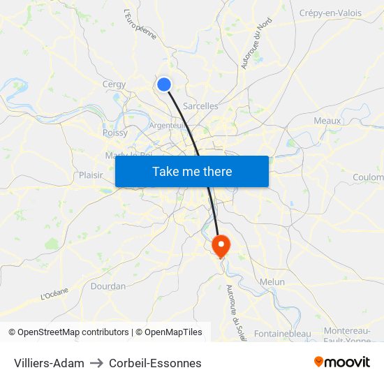 Villiers-Adam to Corbeil-Essonnes map