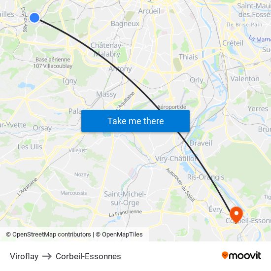 Viroflay to Corbeil-Essonnes map