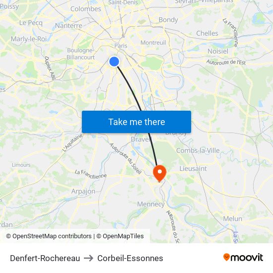 Denfert-Rochereau to Corbeil-Essonnes map