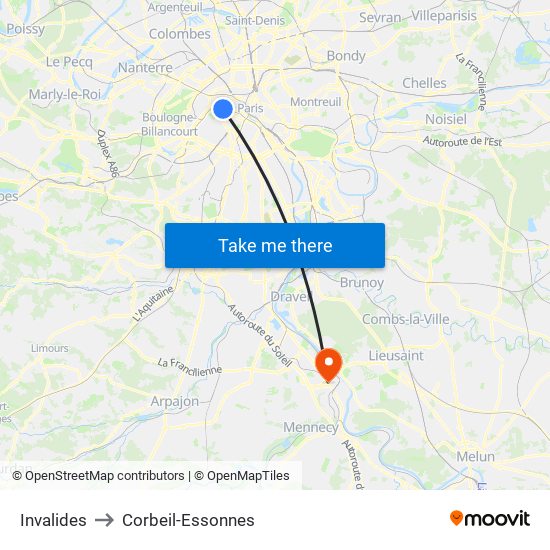 Invalides to Corbeil-Essonnes map