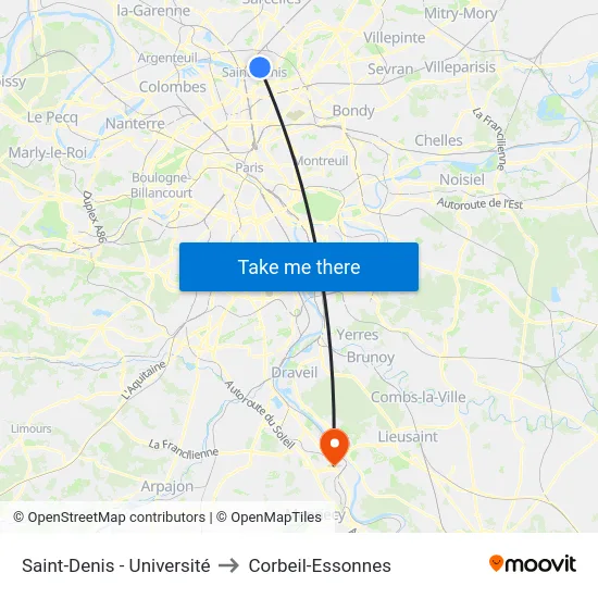 Saint-Denis - Université to Corbeil-Essonnes map