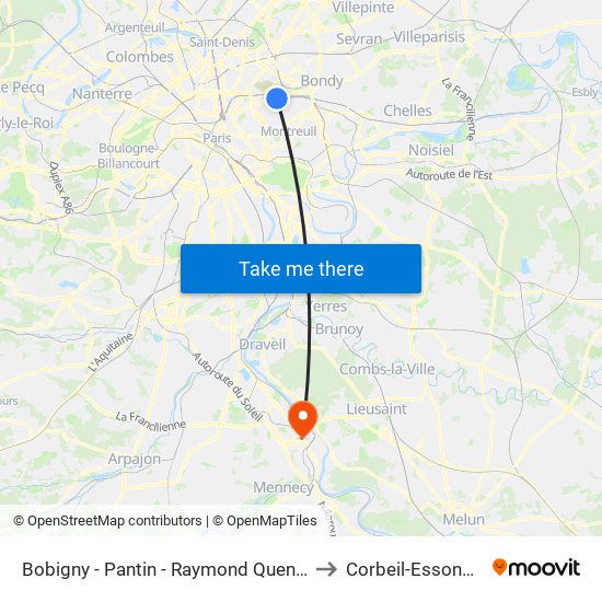 Bobigny - Pantin - Raymond Queneau to Corbeil-Essonnes map