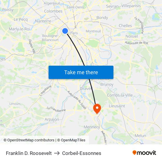 Franklin D. Roosevelt to Corbeil-Essonnes map