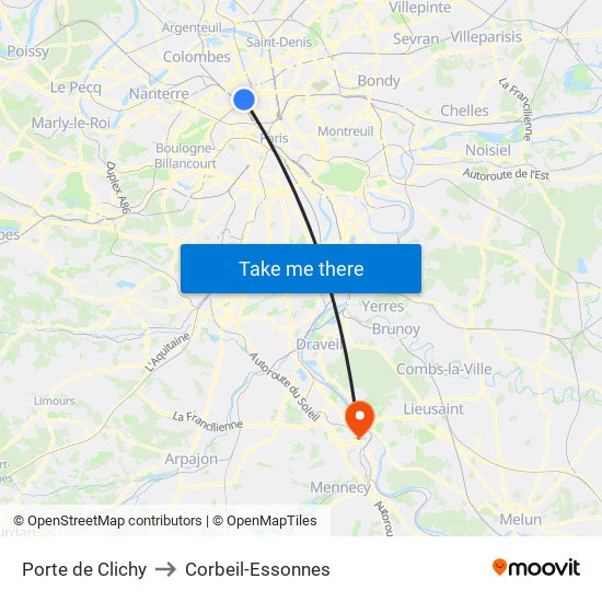Porte de Clichy to Corbeil-Essonnes map