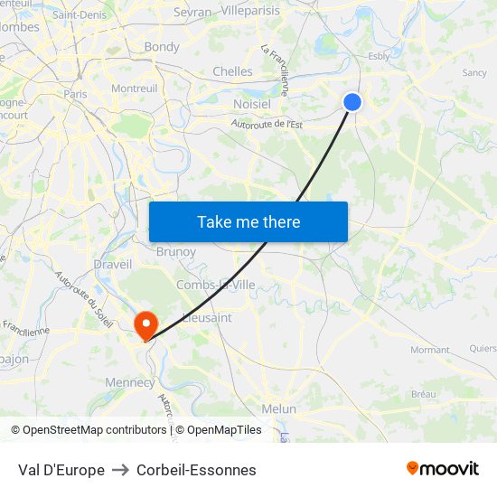 Val D'Europe to Corbeil-Essonnes map