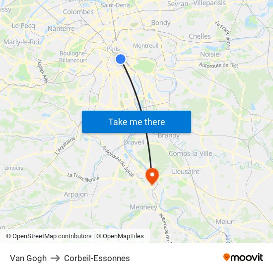 Van Gogh to Corbeil-Essonnes map