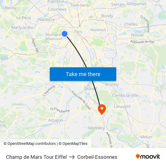 Champ de Mars Tour Eiffel to Corbeil-Essonnes map