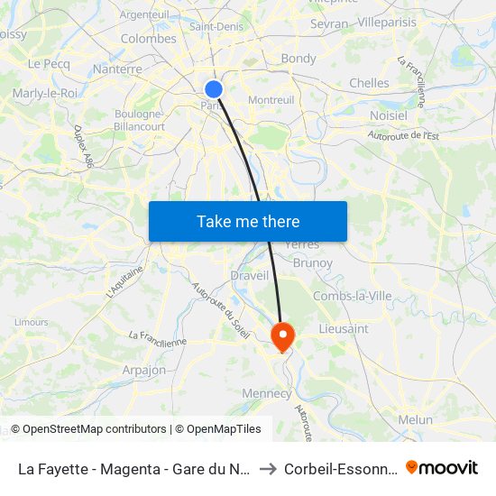 La Fayette - Magenta - Gare du Nord to Corbeil-Essonnes map