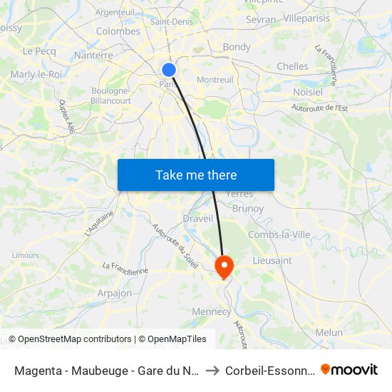 Magenta - Maubeuge - Gare du Nord to Corbeil-Essonnes map