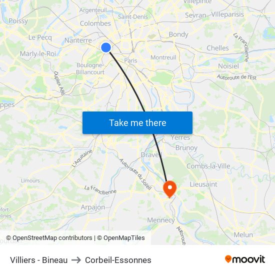 Villiers - Bineau to Corbeil-Essonnes map