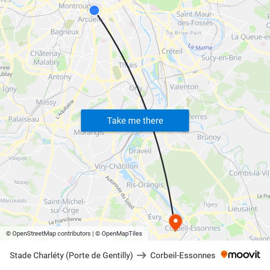 Stade Charléty (Porte de Gentilly) to Corbeil-Essonnes map