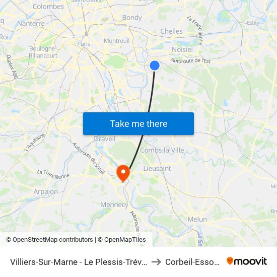 Villiers-Sur-Marne - Le Plessis-Trévise RER to Corbeil-Essonnes map