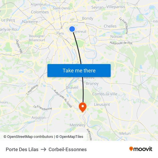 Porte Des Lilas to Corbeil-Essonnes map
