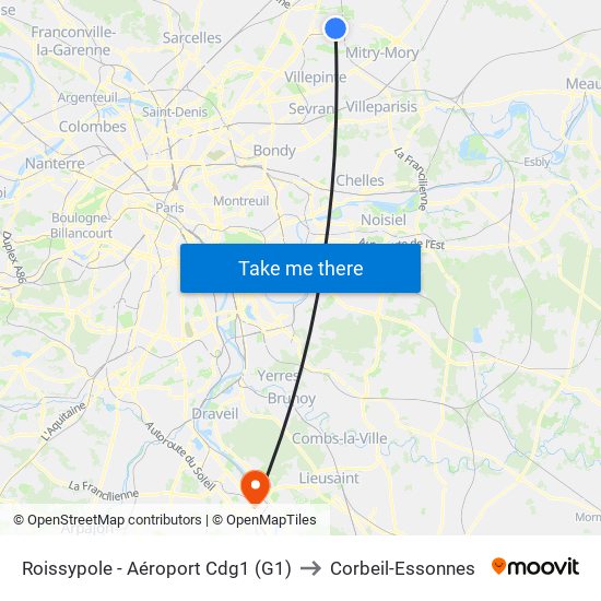 Roissypole - Aéroport Cdg1 (G1) to Corbeil-Essonnes map