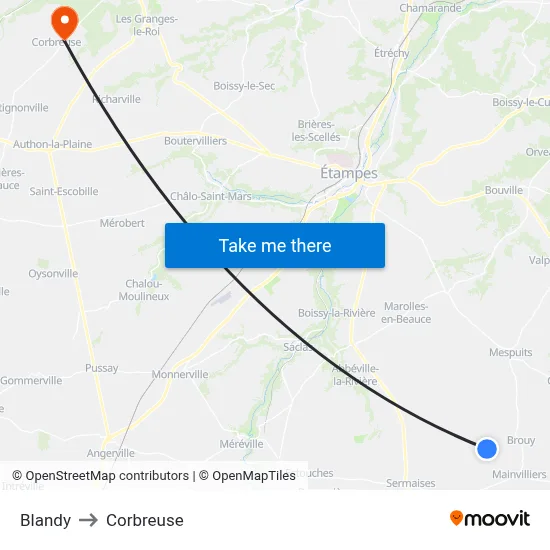 Blandy to Corbreuse map