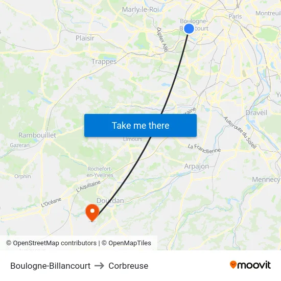 Boulogne-Billancourt to Corbreuse map