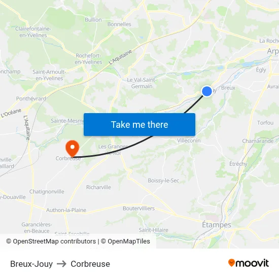 Breux-Jouy to Corbreuse map