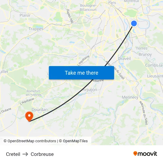 Creteil to Corbreuse map