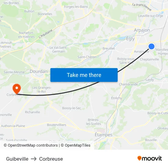 Guibeville to Corbreuse map