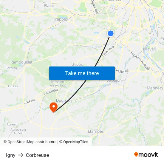 Igny to Corbreuse map