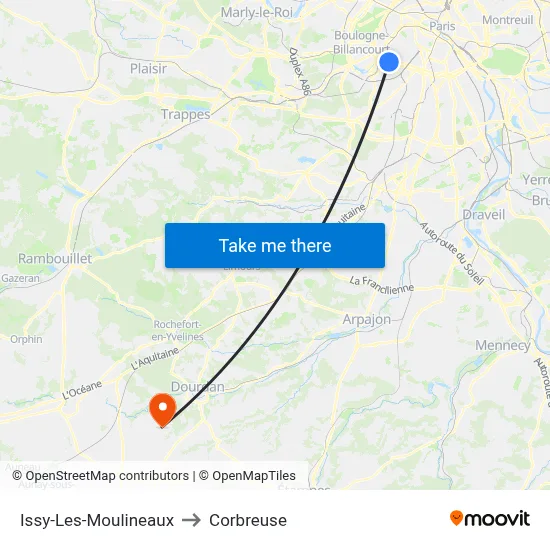 Issy-Les-Moulineaux to Corbreuse map