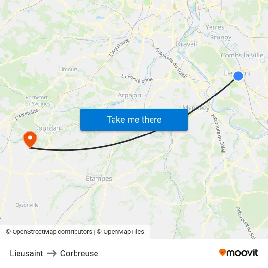 Lieusaint to Corbreuse map