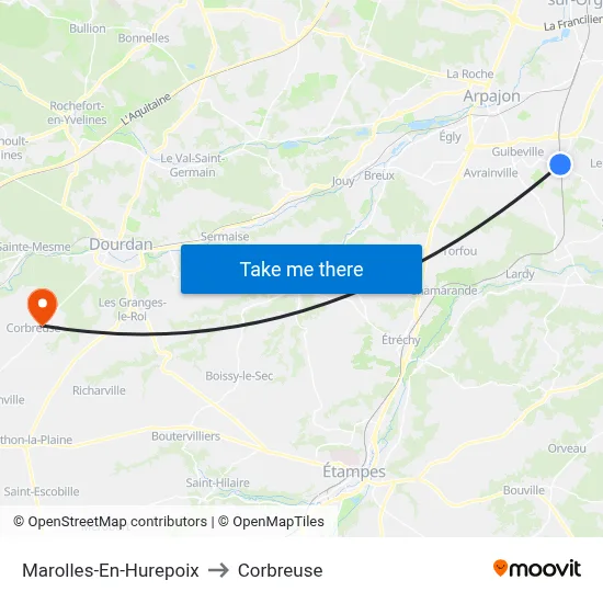 Marolles-En-Hurepoix to Corbreuse map