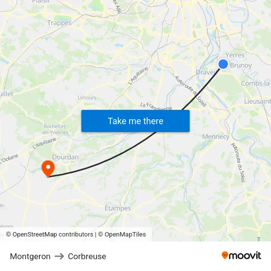 Montgeron to Corbreuse map