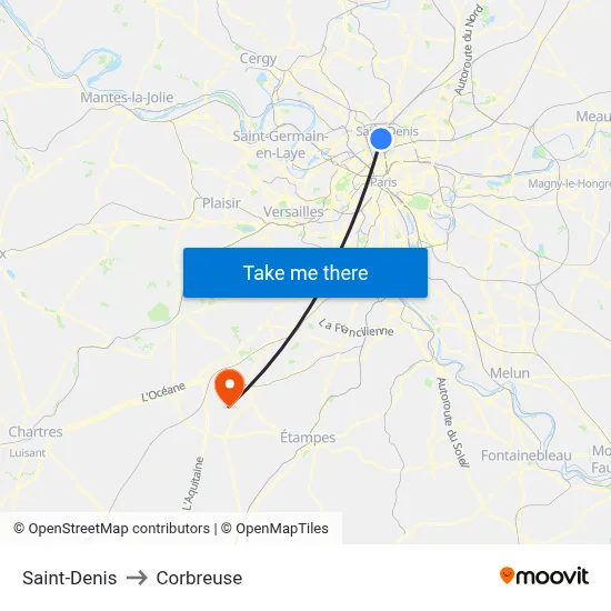 Saint-Denis to Corbreuse map