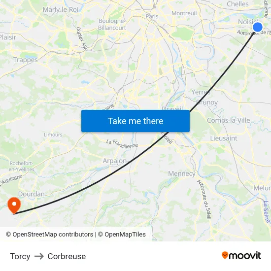 Torcy to Corbreuse map