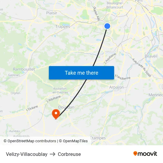 Velizy-Villacoublay to Corbreuse map