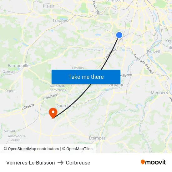 Verrieres-Le-Buisson to Corbreuse map