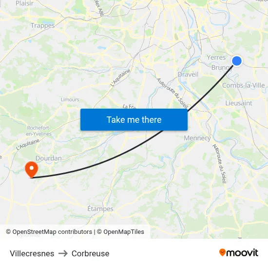 Villecresnes to Corbreuse map