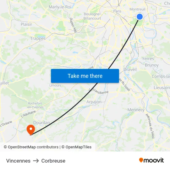 Vincennes to Corbreuse map
