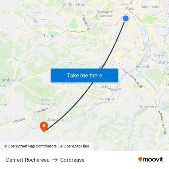 Denfert-Rochereau to Corbreuse map