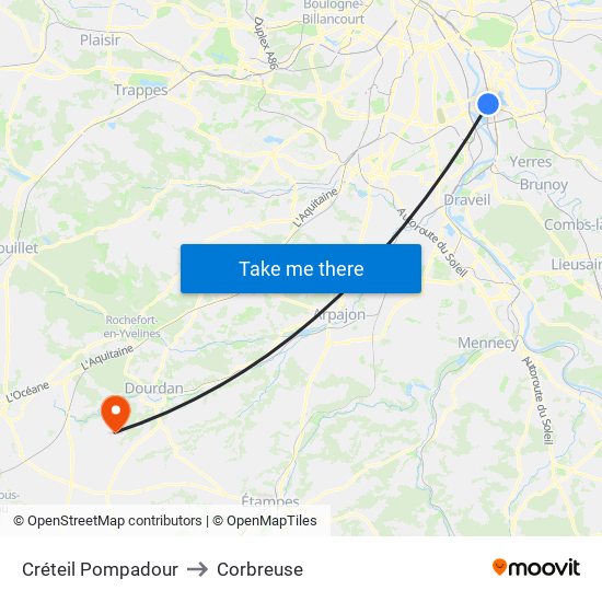 Créteil Pompadour to Corbreuse map