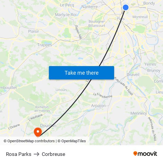 Rosa Parks to Corbreuse map