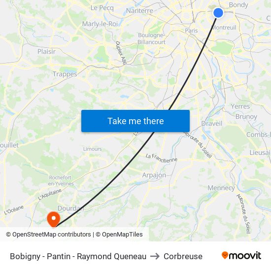 Bobigny - Pantin - Raymond Queneau to Corbreuse map