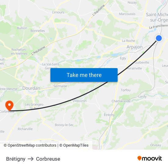 Brétigny to Corbreuse map