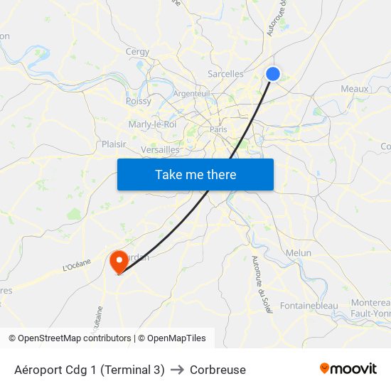 Aéroport Cdg 1 (Terminal 3) to Corbreuse map