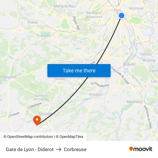Gare de Lyon - Diderot to Corbreuse map
