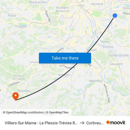 Villiers-Sur-Marne - Le Plessis-Trévise RER to Corbreuse map
