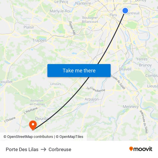 Porte Des Lilas to Corbreuse map