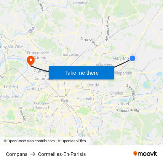Compans to Cormeilles-En-Parisis map