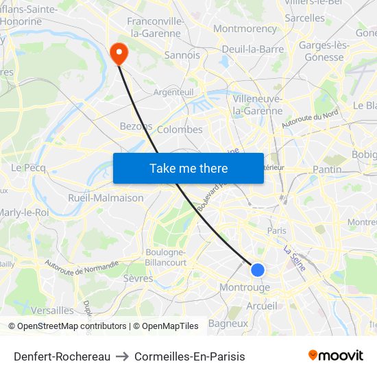 Denfert-Rochereau to Cormeilles-En-Parisis map