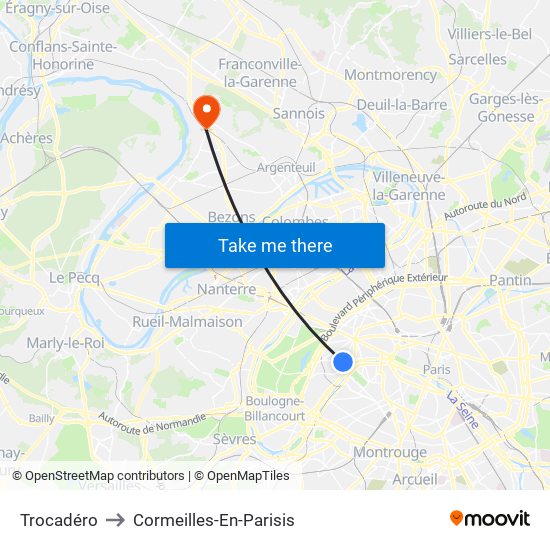 Trocadéro to Cormeilles-En-Parisis map